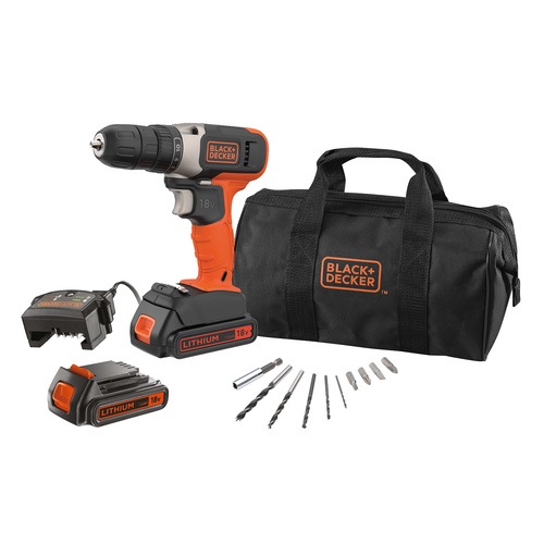 BLACK+DECKER - 18V LithiumIon Drill Driver with 2x 15Ah batteries 400mA Charger and 10 Accessories in a Softbag - BCD001BA10S