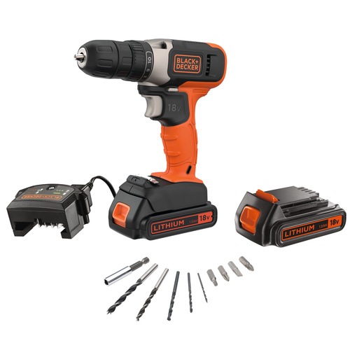 BLACK+DECKER - 18V Lithiumion Drill Driver with 2x 15Ah Batteries 400mA Charger and 10 Accessories with Kitbox - BCD001KBA10