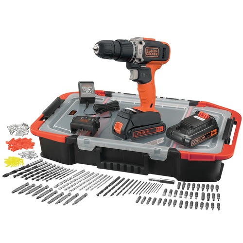 BLACK+DECKER - 18V Lithiumion 2 Speed Hammer Drill with 2x 15Ah Batteries 400mA Charger and 160 Accessories in a Click  Connect Box - BCD003BAST