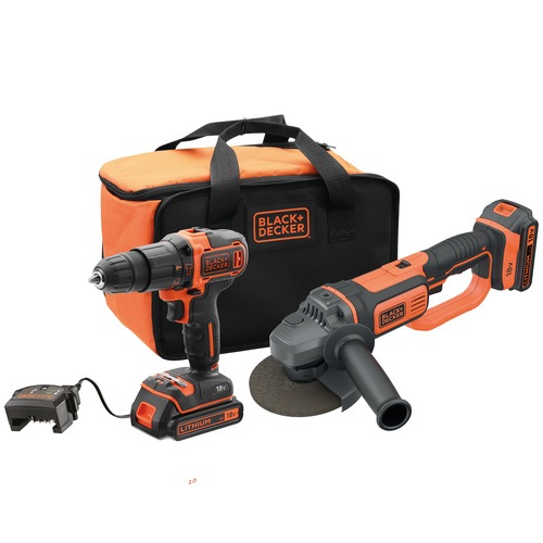 BLACK+DECKER - 18V Hammer Drill and 18V Small Angle Grinder with 2x 2Ah Batteries 1x 1Ah Cup Charger and Softbag - BCK24D2S