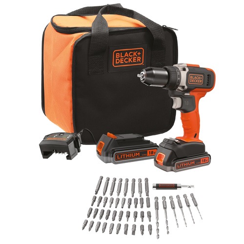 BLACK+DECKER - 18V Lithiumion 2 Speed Drill Driver with 2 x 25Ah Batteries 45 Accessories 1A Fast Charger and Softbag - BCK527D2S