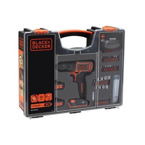 BLACK+DECKER - PerceuseVisseuse sans fil  80 accessoires  18V  15 Ah  2 batteries  Livre en sac de rangement - BDC718AS2O