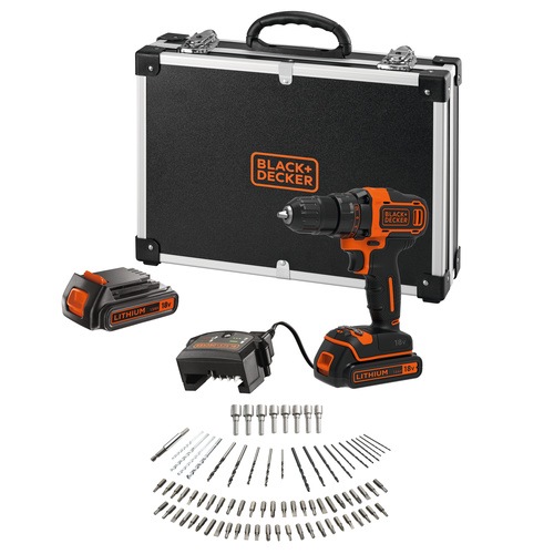 BLACK+DECKER - 18V Drill Driver and 2x 15Ah Batteries with 400mA Charger 80 Accessories and Small Flight Case with Foam - BDCDD186BAF