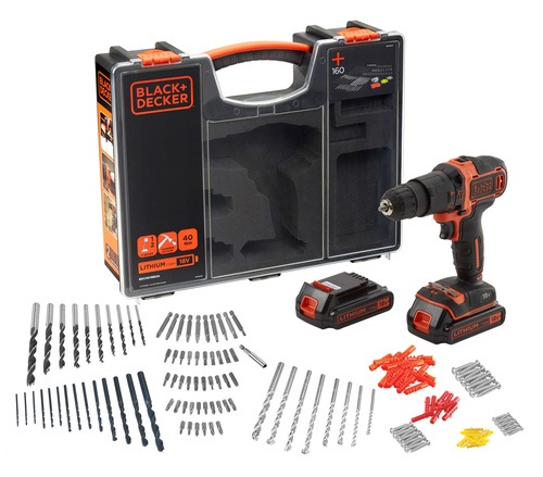 BLACK+DECKER - 18V 2 Gear Lithium Ion Hammer Drill with additional battery and 160 accessories in storage case - BDCHD18BOA