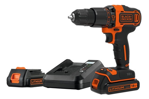 BLACK+DECKER - Perceuse  percussion sans fil 18V  2 batteries  1 Chargeur et coffret de Rangement - BDCHD18K1B2