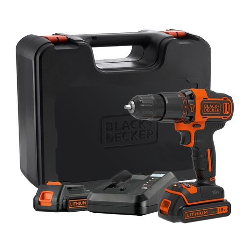 BLACK+DECKER - Perceuse  percussion sans fil 18V  2 batteries  1 Chargeur et coffret de Rangement - BDCHD18K1B2