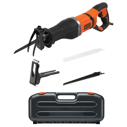 BLACK+DECKER - 750W Corded Reciprocating Saw with Branch Holder and 2x Blades in Kit Box - BES301K