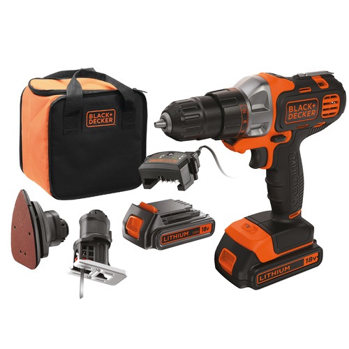 BLACK+DECKER - 18V 15Ah Cordless Multievo Multi Tool and Charger with Drill Driver Jigsaw and Sander attachments in a Soft Bag - MT218S2A