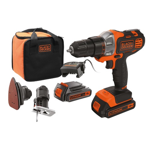 BLACK+DECKER - 18V 15Ah Cordless Multievo Multi Tool and Charger with Drill Driver Jigsaw and Sander attachments in a Soft Bag - MT218S2A
