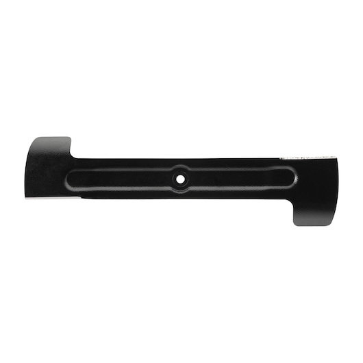 A black metal lawn mower blade with a central mounting hole, photographed against a white background.