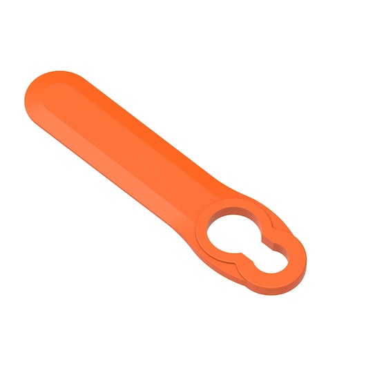 An orange plastic tool part with a flat handle and a rounded end with a keyhole-shaped opening, photographed on a white background.