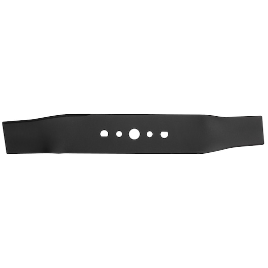 A single black metal lawn mower blade with several holes of different sizes in the center, displayed on a white background.