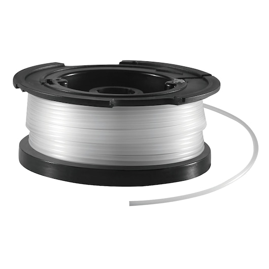 A spool of clear trimmer line with a black plastic reel, used for BLACK+DECKER gardening tools, shown on a white background.