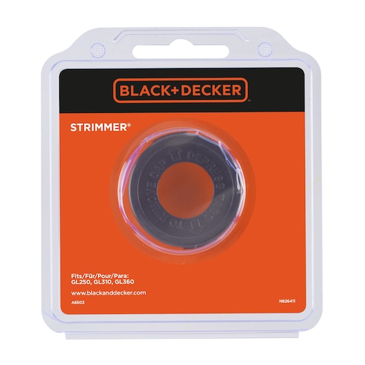 Photo of BLACK+DECKER strimmer spool cap A6503 in orange and black retail packaging, front view.