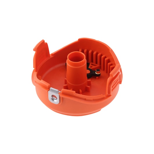 An orange plastic spool cover for a BLACK+DECKER string trimmer, shown on a white background.