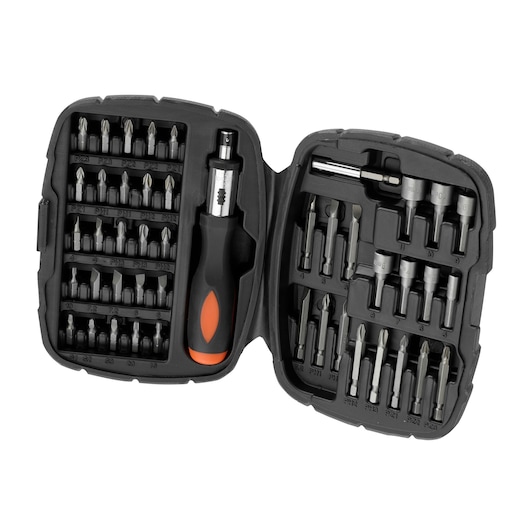 BLACKDECKER A7039 screwdriver and bit set in black case, open view showing multiple bits and driver handle.