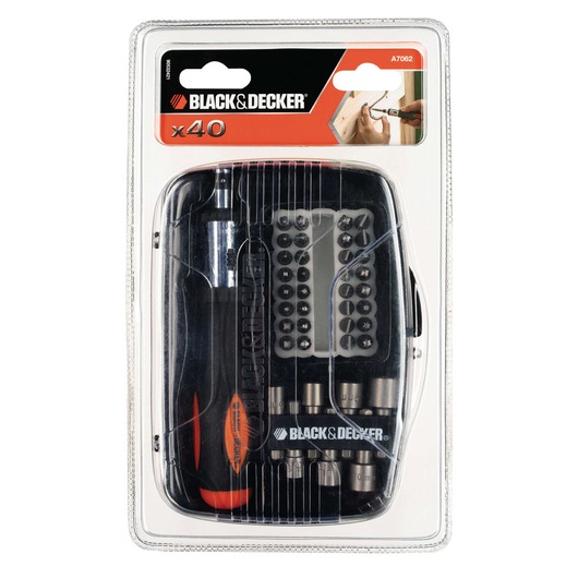 BLACK+DECKER A7062 screwdriving and bit set in retail packaging, containing 40 pieces including a screwdriver handle, various bits, and sockets.