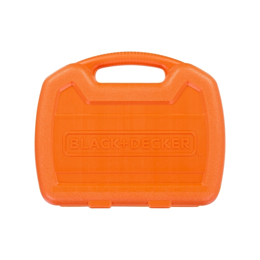 An orange plastic carrying case with a handle, featuring the BLACK+DECKER logo embossed on the front.