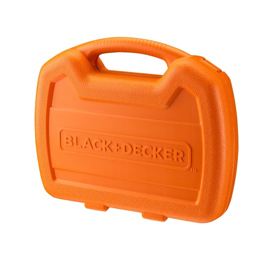 An orange plastic carrying case with a textured surface and a handle, featuring the BLACK+DECKER logo embossed on the front.