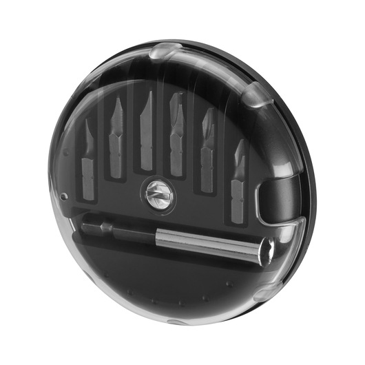 Round transparent plastic case containing a set of screwdriver bits and a bit holder.