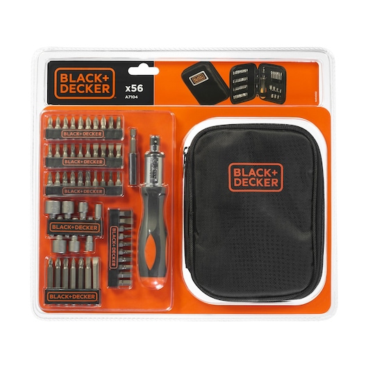 BLACK+DECKER A7104 screwdriver and bit set with black carrying case, front angle, 56 pieces.