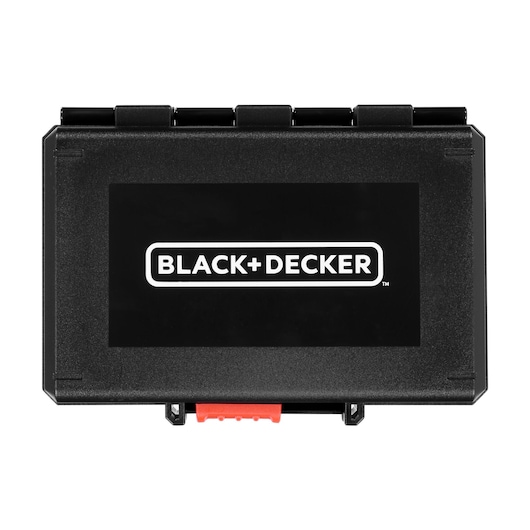 BLACK+DECKER A7142 black plastic tool case with red latch, front angle on white background.
