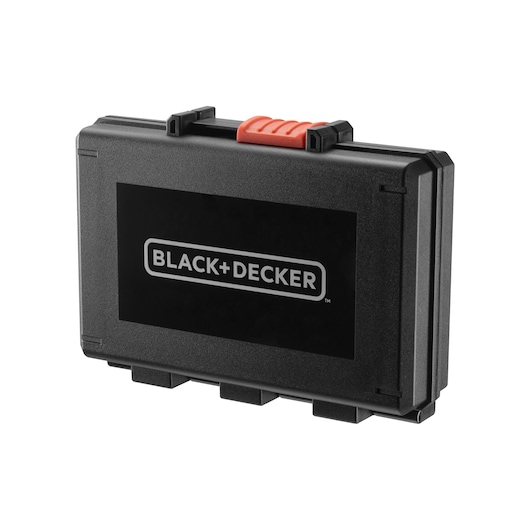 BLACK+DECKER A7142 black hard plastic storage case with orange latch, front angle, photography.