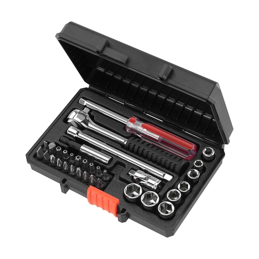BLACKDECKER A7142 socket and screwdriver set in black case, angled view, includes multiple bits and sockets.