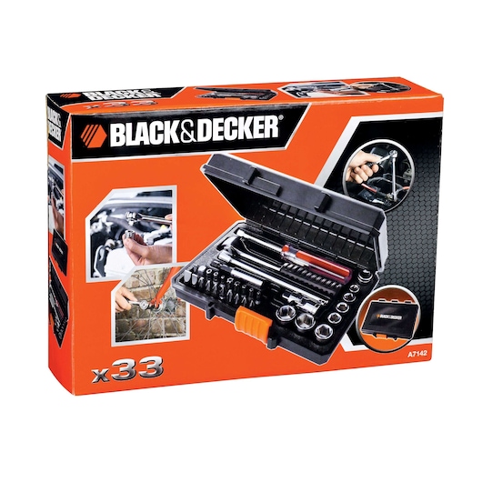 BLACK+DECKER A7142 tool kit set, 33-piece, in black plastic case, product packaging front angle.