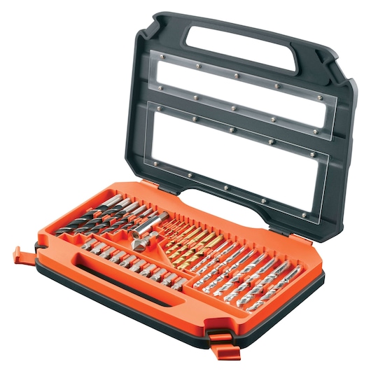 BLACKDECKER drill and bit set A7231 in orange and black case, top view, photography of assorted bits and accessories.