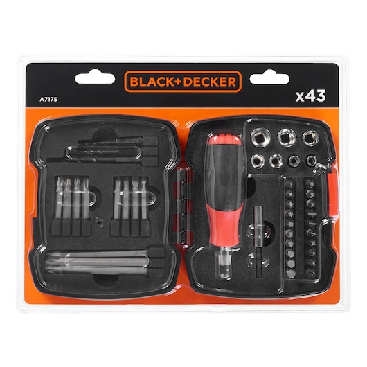 BLACK+DECKER A7175 43-piece screwdriver and drill bit set in a black plastic case, showing assorted drill bits, screwdriver bits, sockets, and a red and black handled screwdriver.
