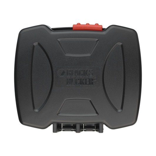 A BLACK+DECKER branded black hard plastic carrying case with a red latch on top, viewed from above.