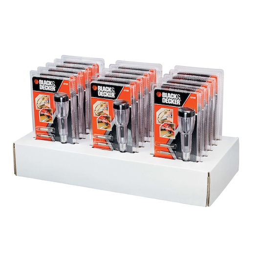 Display box containing multiple packages of BLACK+DECKER A7197 screwdriver sets, arranged upright in rows. Each package shows the BLACK+DECKER logo and images illustrating the use of the screwdriver.