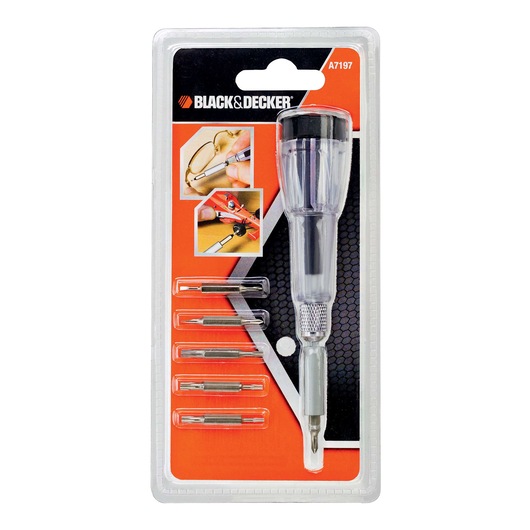 A packaged BLACK+DECKER A7197 precision screwdriver set with a transparent handle and five interchangeable bits, shown on a red and black backing card featuring images demonstrating its use.