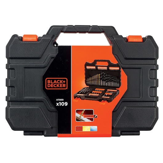 BLACK+DECKER A7200 drill bit set in black plastic case, front angle, orange latch, 109 pieces.