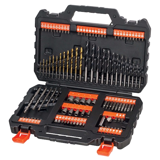 BLACKDECKER A7200 drill and bit set in open black plastic case, various drill bits and screwdriver bits displayed.