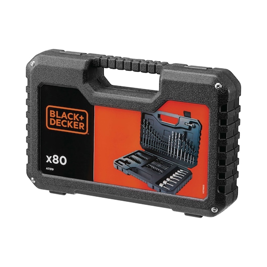 A BLACK+DECKER branded hard plastic carrying case for an 80-piece drill and bit set, model A7219. The case features a textured black exterior with a handle, and a label on the front showing the contents organized inside.