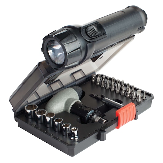 BLACK+DECKER tool set in an open black plastic case, featuring a flashlight, various screwdriver bits, sockets, a handle, and a transparent lid with a red latch.