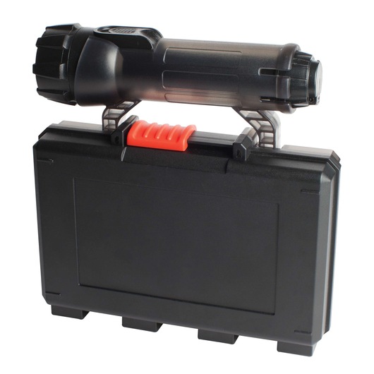 A BLACK+DECKER black plastic carrying case with a red latch, topped with a large black flashlight or torch attached to the handle.