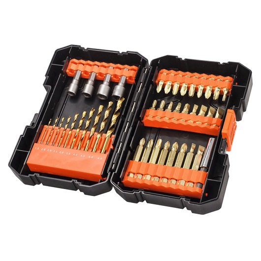 A BLACK+DECKER drill and screwdriver bit set in a black and orange plastic case, containing various drill bits, screwdriver bits, and sockets arranged in compartments.
