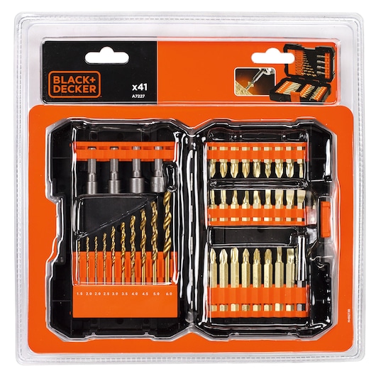 BLACK+DECKER A7227 41-piece drill and screwdriver bit set in clear plastic packaging, top view.