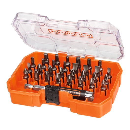 BLACKDECKER A7228 orange case with assorted screwdriver bits and clear lid, photographed from front angle.