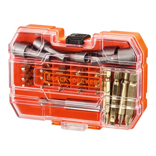 A BLACK+DECKER branded orange and transparent plastic case containing a variety of screwdriver bits and accessories neatly organized inside.