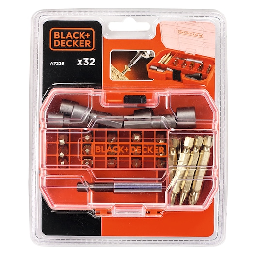 BLACK+DECKER A7229 screwdriver bit set with 32 pieces in clear plastic case, front angle on white background.