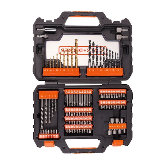 BLACK+DECKER A7230-XJ photography of drill and screwdriver bit set in black plastic case, top view.