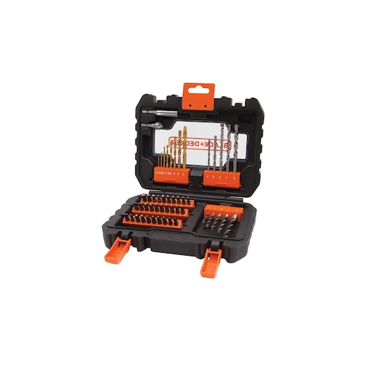 BLACK+DECKER A7232 drill and screwdriver bit set in black and orange plastic case, open, white background, angled view.