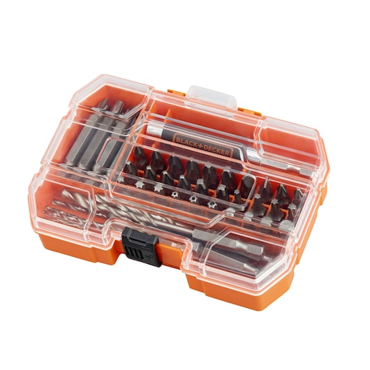 BLACKDECKER A7234 drill and screwdriver bit set in orange plastic case, front angle on white background.
