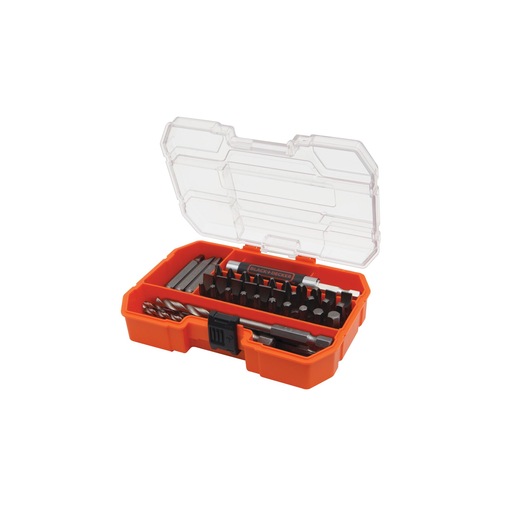 BLACKDECKER A7234 orange tool bit set with clear lid, assorted drill bits and driver bits, front angle.