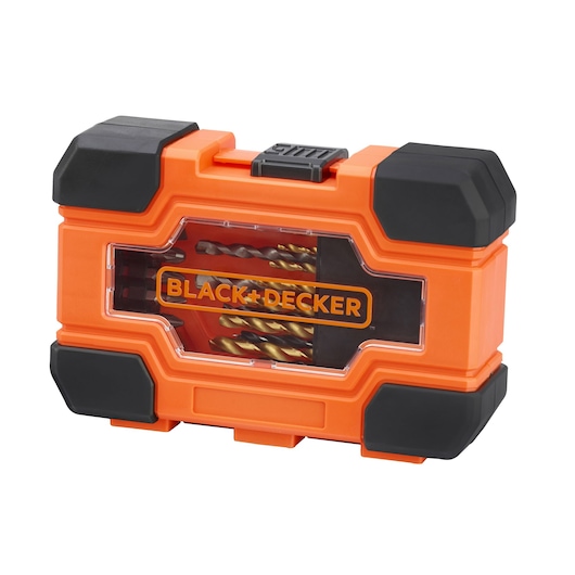 Photo of BLACK+DECKER A7235 drill bit set in orange and black hard case, angled view, clear lid shows metal bits inside.