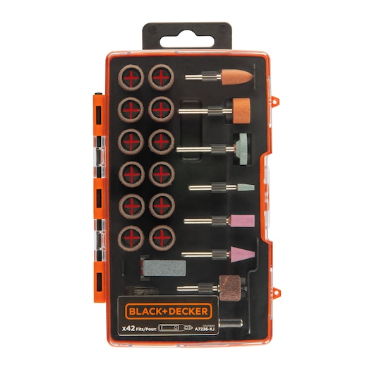 BLACK+DECKER accessory kit A7236 for rotary tools, containing 42 pieces including various grinding stones and sanding bands in a transparent orange plastic case.